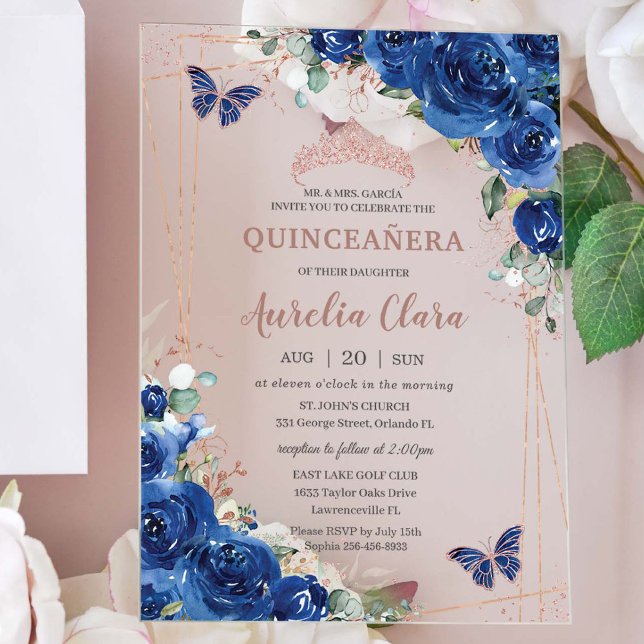 Royal Blue Floral Rose Gold Quinceañera Birthday Acrylic Invitations (Creator Uploaded)