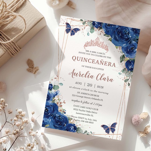 Royal Blue Floral Rose Gold Quinceañera Birthday Invitation (Creator Uploaded)