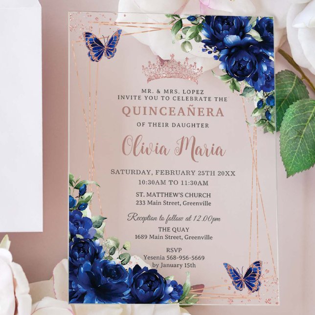 Royal Blue Floral Rose Gold Quinceañera Butterfly Acrylic Invitations (Creator Uploaded)