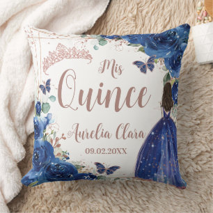 Royal Blue Floral Rose Gold Quinceanera Princess Cushion