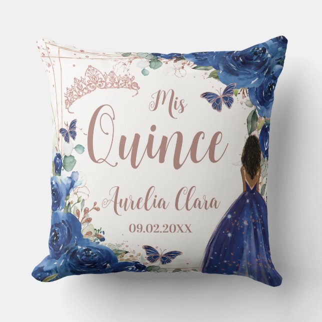 Royal Blue Floral Rose Gold Quinceanera XV Cushion (Front)