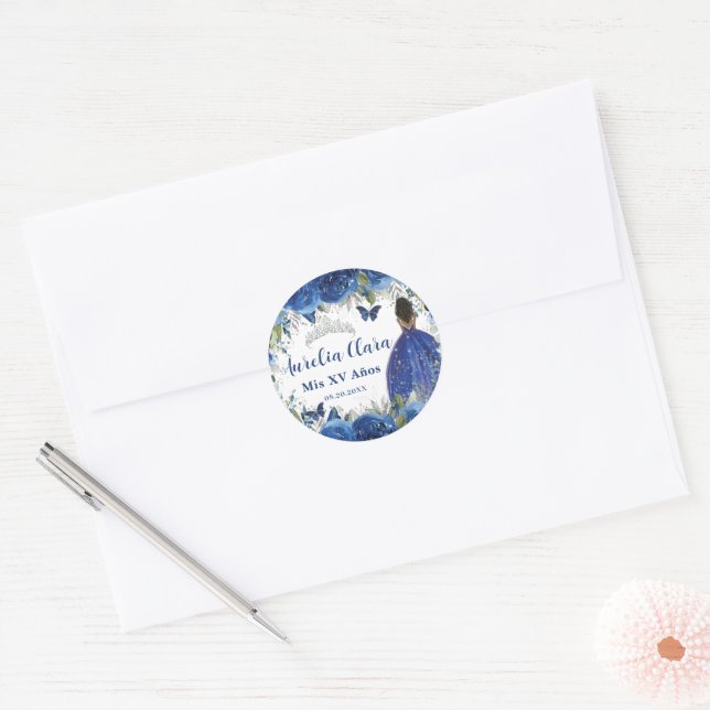 Royal Blue Floral Roses Brown Princess Silver XV Classic Round Sticker (Envelope)