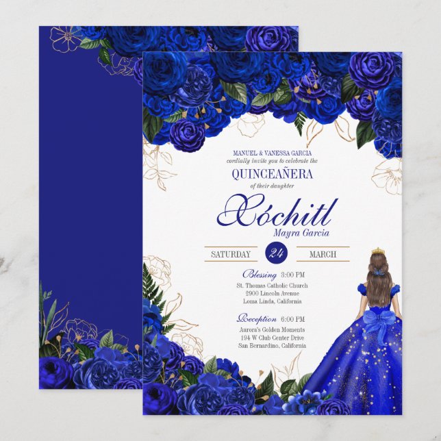 Royal Blue Floral Roses Elegant Quinceañera Invitation (Front/Back)
