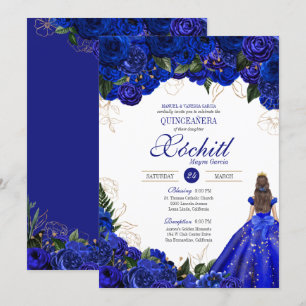 Royal Blue Floral Roses Elegant Quinceañera Invitation