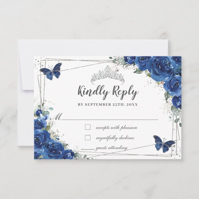 Royal Blue Floral Roses Quinceañera Butterflies RSVP Card (Front)