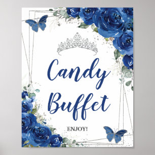 Royal Blue Floral Roses Quinceañera Candy Buffet Poster