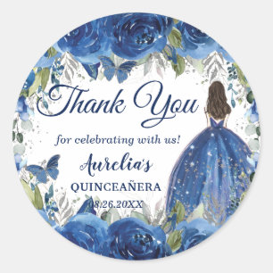 Royal Blue Floral Silver Butterfly Princess Favour Classic Round Sticker