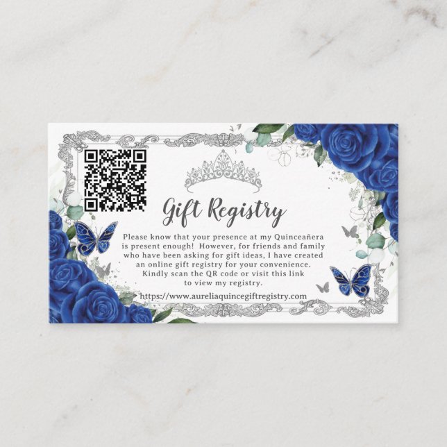 Royal Blue Floral Silver Quinceañera Gift Registry Enclosure Card (Front)