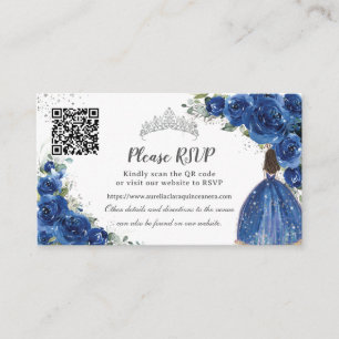 Royal Blue Floral Silver Quinceañera QR Code Enclosure Card
