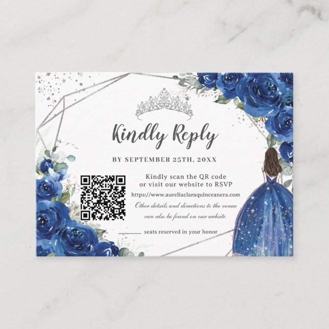 Royal Blue Floral Silver Quinceañera QR Code RSVP Enclosure Card (Front)
