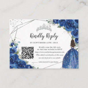 Royal Blue Floral Silver Quinceañera QR Code RSVP Enclosure Card