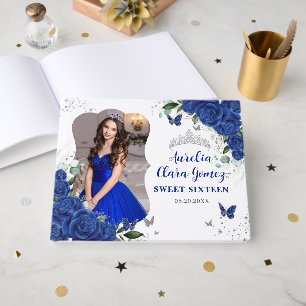 Royal Blue Floral Silver Sweet 16 Sixteen Photo Guest Book