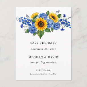Royal Blue Floral Sunflowers Modern Save the Date Announcement Postcard