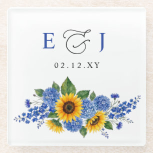 Royal Blue Floral Sunflowers Modern Wedding Glass Coaster