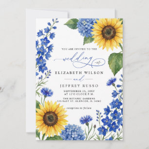 Royal Blue Floral Sunflowers Modern Wedding Invitation