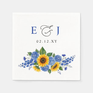 Royal Blue Floral Sunflowers Modern Wedding Napkin