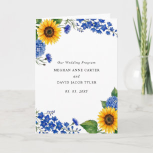 Royal Blue Floral Sunflowers Modern Wedding Programme