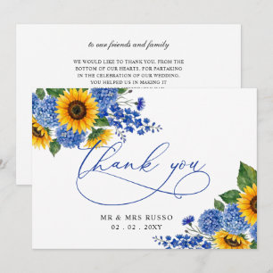 Royal Blue Floral Sunflowers Modern Wedding Thank You Card