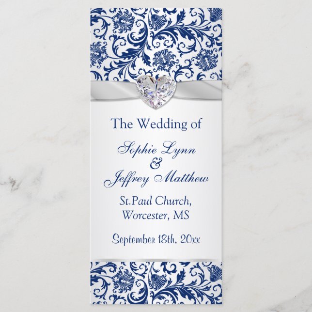 Royal blue floral swirls on silver Wedding Program Programme (Front)