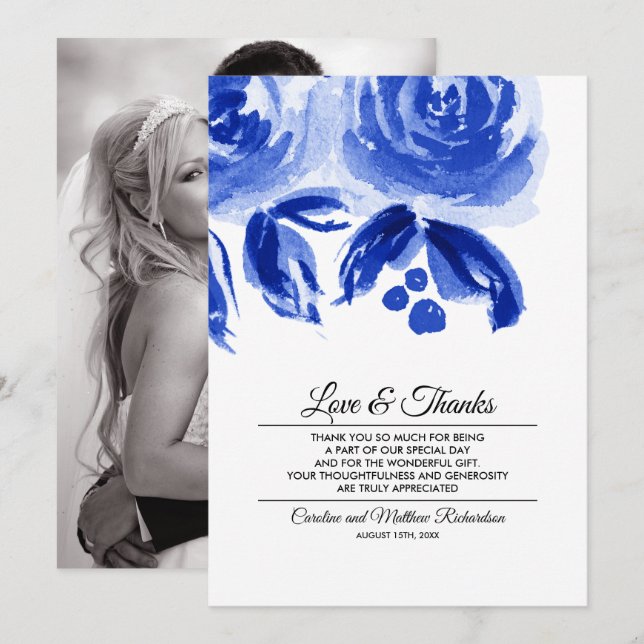Royal Blue Floral Thank You Wedding Photo Card (Front/Back)