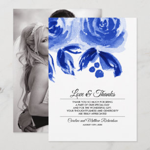Royal Blue Floral Thank You Wedding Photo Card
