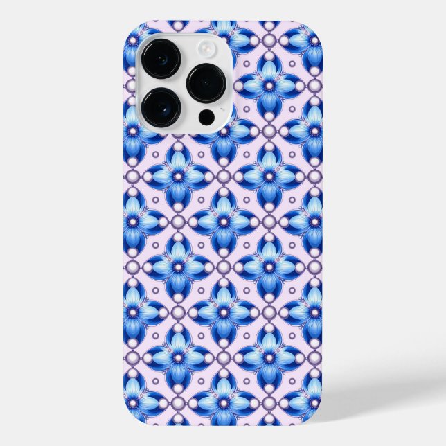 Royal Blue Floral Tile Luxe ✨ Pearl Accent Elegant iPhone Case (Back)