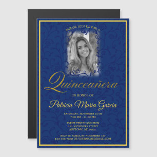 Royal blue floral vines photo quinceanera magnetic invitation