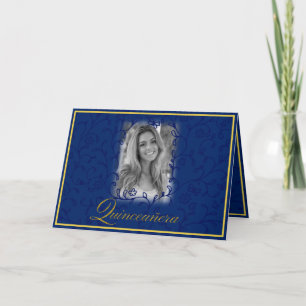 Royal blue floral vines with photo quinceanera card