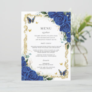 Royal Blue Floral Vintage Gold Quinceanera Menu
