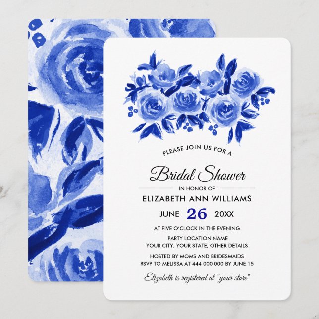 Royal Blue Floral Watercolor Bridal Shower Invitation (Front/Back)