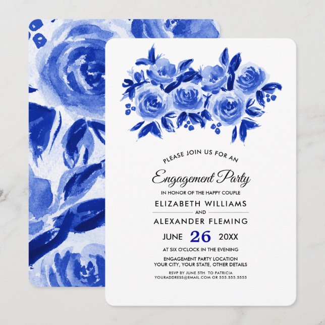 Royal Blue Floral Watercolor Engagement Party  Invitation (Front/Back)