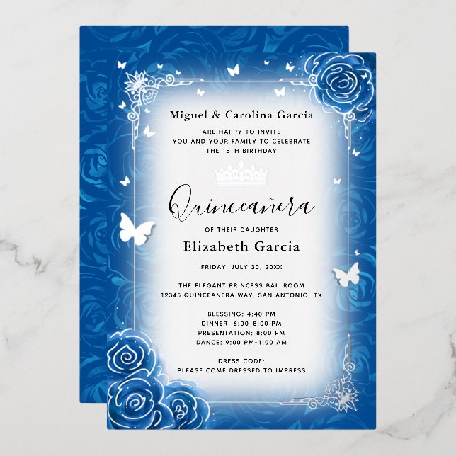 Royal Blue Floral Watercolor Quinceañera Silver (Front/Back)