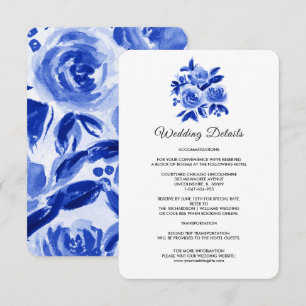 Royal Blue Floral Watercolor Wedding Details Cards