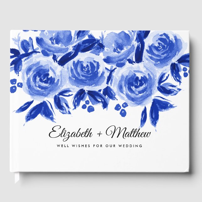 Royal Blue Floral Watercolor Wedding  Guest Book (Front)
