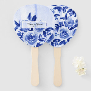 Royal Blue Floral Watercolor Wedding Hand Fan