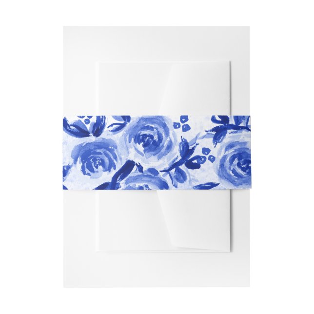 Royal Blue Floral Watercolor Wedding  Invitation Belly Band (Front Example)