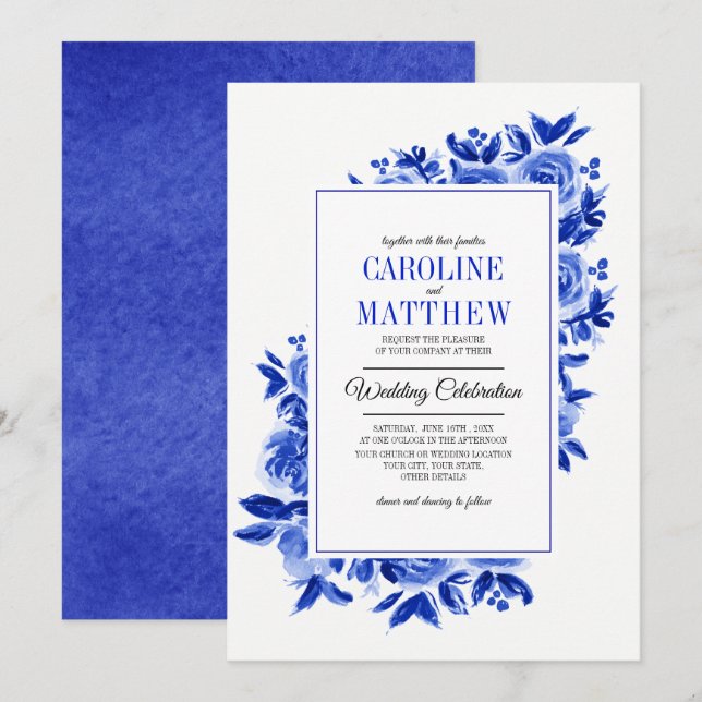 Royal Blue Floral Watercolor Wedding Invitations (Front/Back)