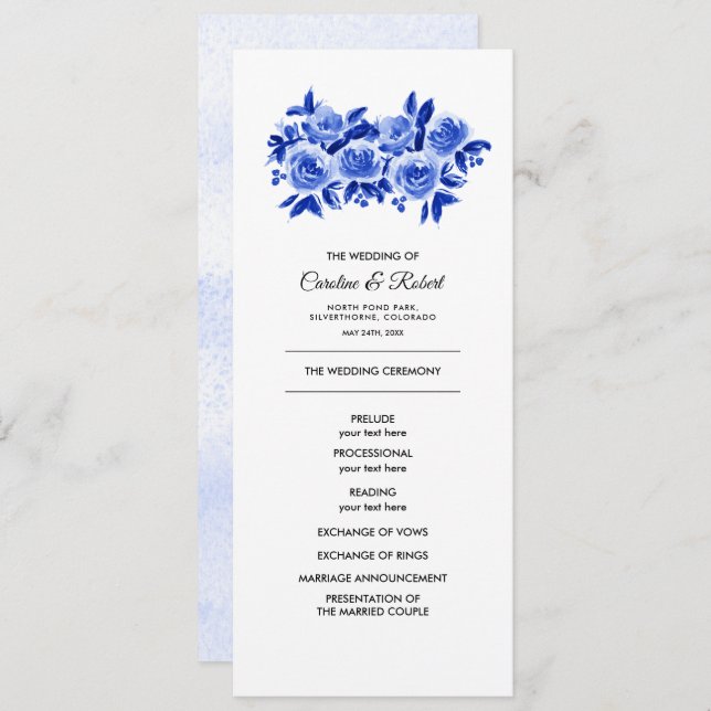 Royal Blue Floral Watercolor Wedding Program Programme (Front/Back)