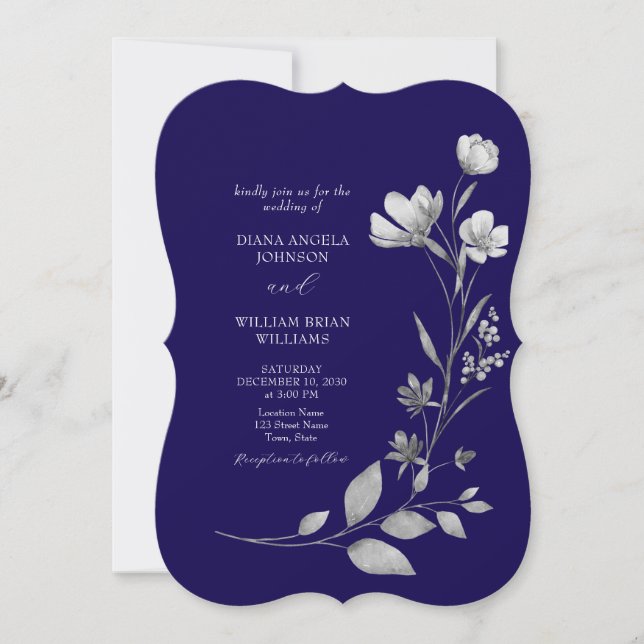 Royal Blue Floral Wedding Invitation (Front)