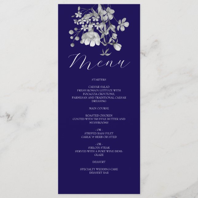 Royal Blue Floral Wedding Menu (Front)