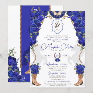 Royal Blue Floral Western Charro Quinceañera Invitation