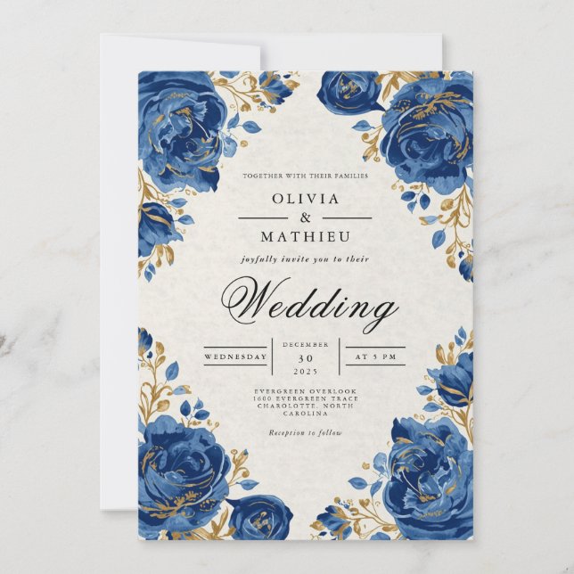 Royal Blue Floral Whimsy Wedding Invitation (Front)