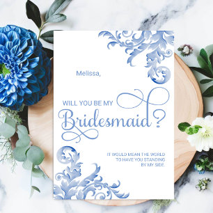 Royal Blue Flourish Will You Be My Bridesmaid Invitation