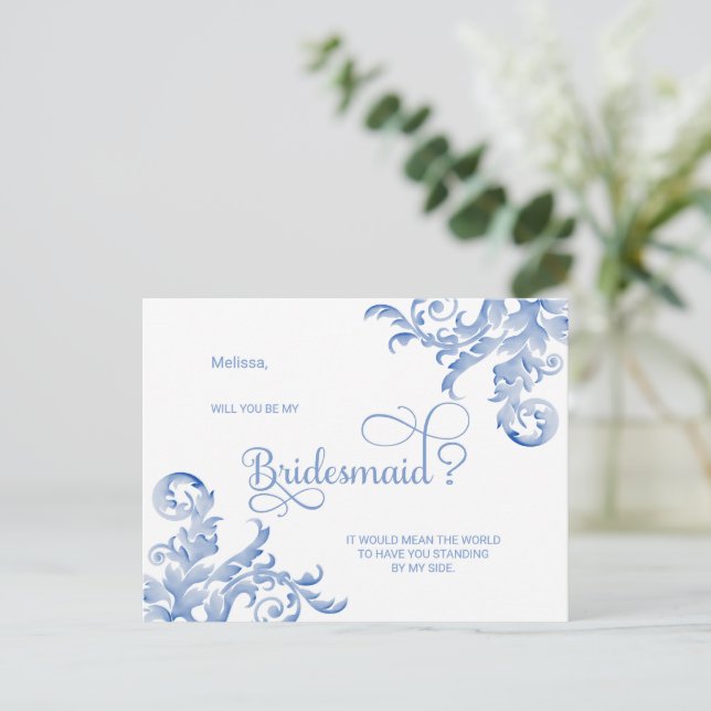 Royal Blue Flourish Will You Be My Bridesmaid Invitation Postcard (Standing Front)