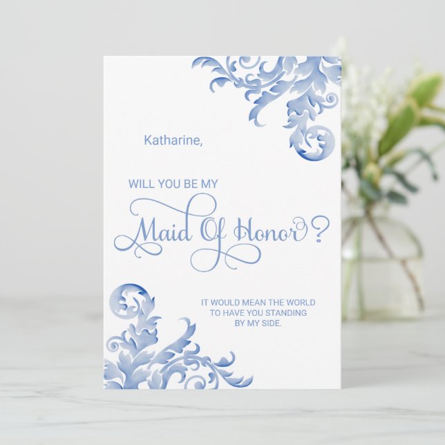 Royal Blue Flourish Will You Be My Maid of Honour Invitation (Standing Front)