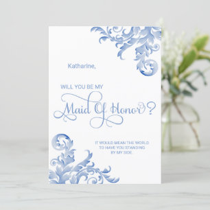 Royal Blue Flourish Will You Be My Maid of Honour Invitation