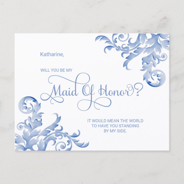Royal Blue Flourish Will You Be My Maid Of Honour Invitation Postcard (Front)