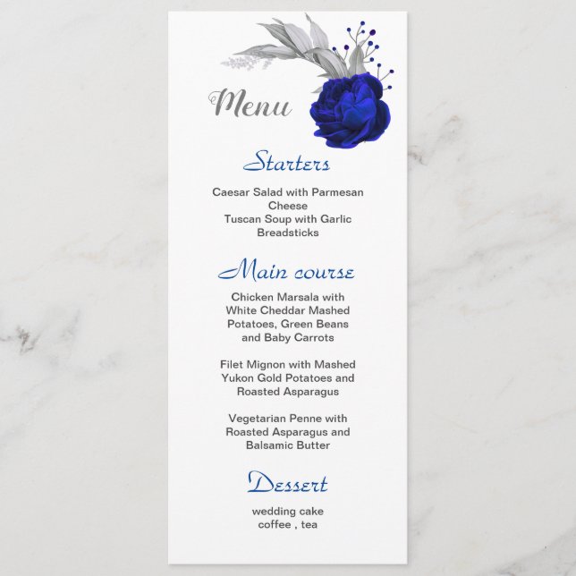 royal blue flower silver leaves white wedding menu (Front)