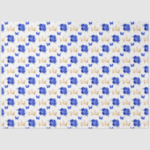 Royal Blue Flowers and Gold Crowns Tissue Paper