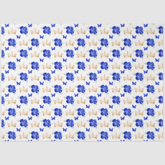 Royal Blue Flowers and Gold Crowns Tissue Paper (Front)